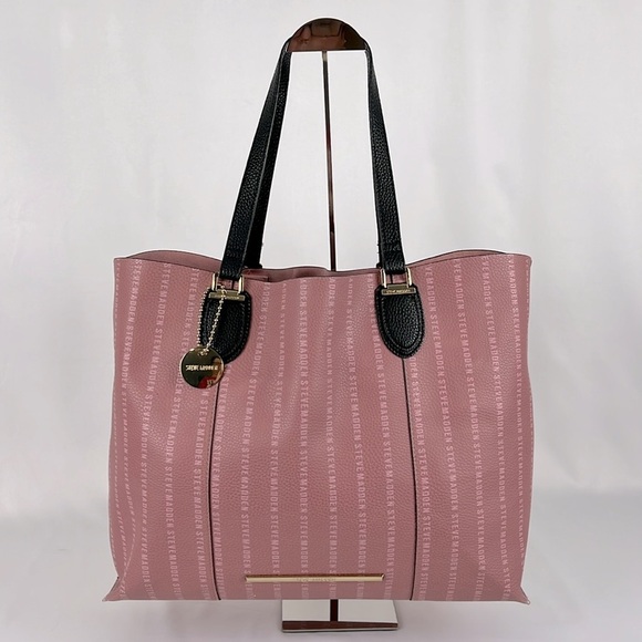 Steve Madden Large Logo Pebbled Leather Pink Tote Bag with Black Envelope Bag - Picture 13 of 14